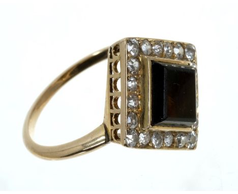 Diamond cluster ring with a square brown stone to the centre surrounded by a border of old cut diamonds in square setting on 