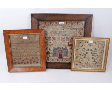 Victorian woolwork sampler, by Mary Ann Wilson, Falkland School, Aged 12, 1855, with alphabet and number bands and scattered 