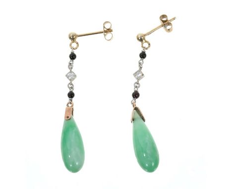 Pair of jade, diamond and onyx pendant earrings, each with a pear shape jade drop suspended from a chain with a brilliant cut