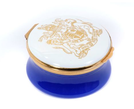 The Queens Silver Jubilee 1977, Thomas Goode and Co. limited edition enamel box with Royal Arms to lid and inscription to int