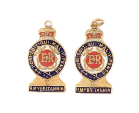 The Royal Yacht Britannia two 1950s/60s gold (9ct) and enamel pendant fobs, 25mm long
