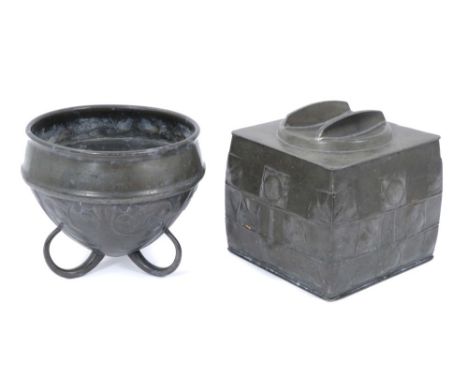 Archibald Knox for Liberty &amp; Co. Tudric pewter tea caddy, of square form with stylised flowerhead ornament and hinged cov