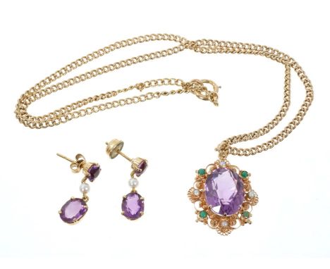 Amethyst, turquoise and seed pearl pendant on chain together with a pair of amethyst and seed pearl pendant earrings
