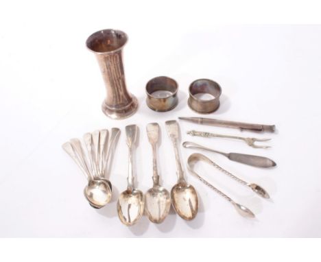 Selection of Victorian and later miscellaneous silver flatware, together with two napkin rings, propelling pencil and a small