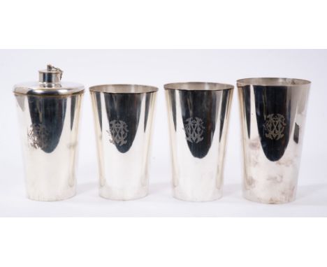 Late Victorian/Edwardian Indian silver plated flask of tapering cylindrical form, with screw on cap, fitting inside three gra