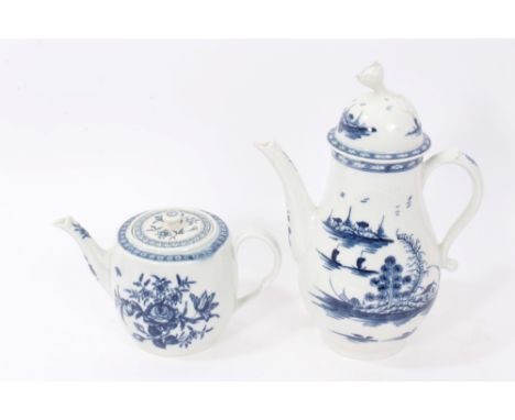 18th century Caughley blue and white coffee pot and cover, Rock Strata Island pattern, circa 1775-80, with underglaze 'c' mar