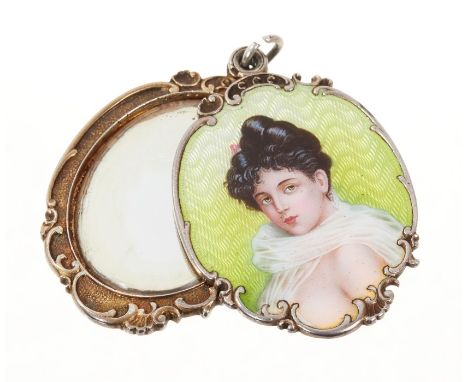 Edwardian silver and enamel pendant with concealed mirror, the front with guilloche enamel portrait of a scantily clad female