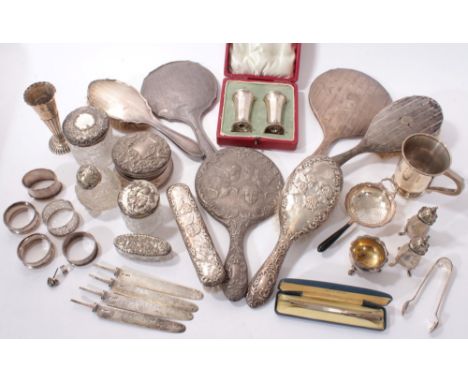 Large selection of miscellaneous silver, including seven dressing table brushes and hand mirrors, five cut toilet bottles, na