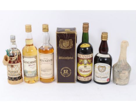 Six assorted bottles to include, Benedictine, Madeira, three blended Scotch whiskies and a bottle of Winiak