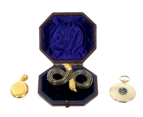 Mid Victorian gold and black enamel entwined double scroll brooch dated 1864, Victorian gold oval locket engraved ‘Helen,Chri