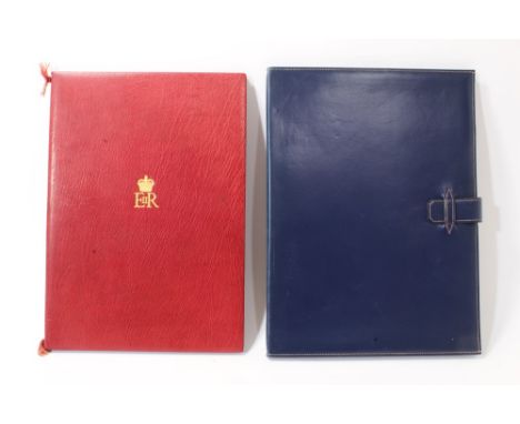 1950s blue leather document slip case by Hermes, Paris, 32 x 23.5cm and red and gilt tooled leather blotter 31 x 22cm (2)