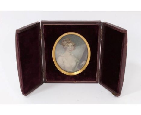 English School, late 18th century portrait miniature on ivory of a lady with a violin, oval 9 x 7cm, cloth folding case