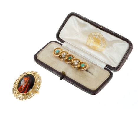 Limoges enamel pendant and a Victorian gold seed pearl and turquoise bar brooch with clover leaf design (2)
