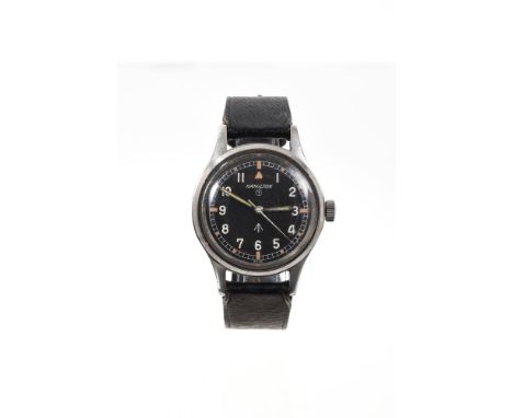 Hamilton military wristwatch with black dial and centre sweep seconds in circular stainless steel 35mm diameter case, the bac