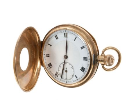 Gentlemen’s 9ct gold half hunter pocket watch with Swiss ‘Pluto’ 15 jewel button-wind movement and white enamel dial in Denni