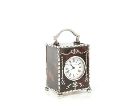 George V miniature carriage clock, with platform escapement and circular white enamel dial with Roman numerals, signed Mappin