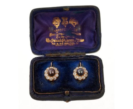 Pair of Victorian grey pearl and diamond cluster earrings, each flower head cluster with a grey/black pearl measuring approxi
