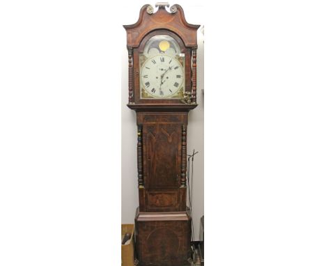 19th Century 8 day longcase clock by T Tansley of Birmingham, the painted arched dial with lunar phase, terrestrial globe, pa