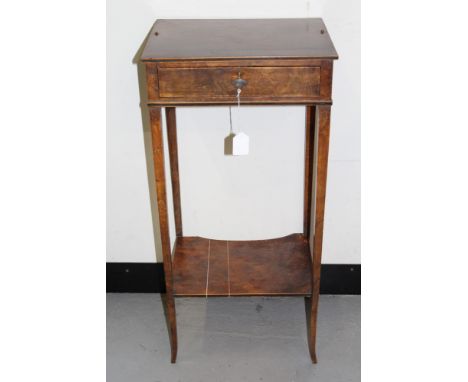 Regency burr yew wood two tier side table, with frieze drawer and shelf below on slender tapered legs, 37cm wide