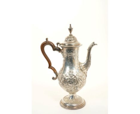 Good quality George III coffee pot of baluster form, with engraved armorial crest and later chased floral decoration, hinged 