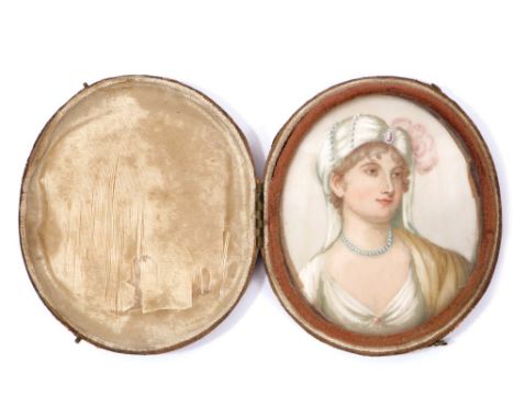 English School, circa 1795, miniature watercolour portrait on ivory, depicting a young lady wearing a turban and pearls, oval