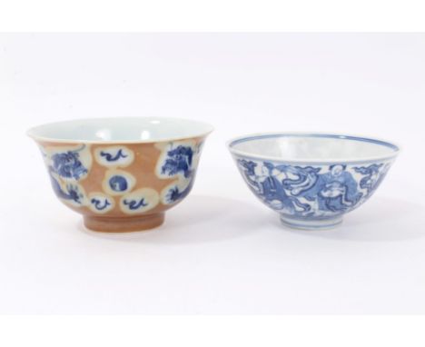 Chinese blue and white porcelain bowl, painted with figures, with seal mark to base, and a further bowl, painted in underglaz