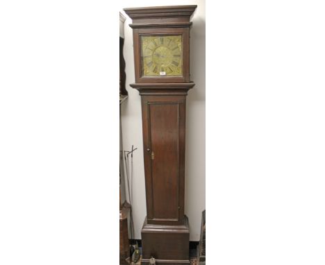 Early 18th century longcase clock, with 30 hour rope driven, bird cage movement, 11 inch square brass dial, with face mask sp