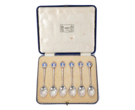 The Coronation of H.M. King George VI 1936, set six silver and enamel top commemorative spoons 1936 by Liberty &amp; Co. in o