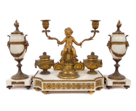 Good 19th century French Neo-classical ormolu and white marble desk stand and garniture, the stand with rear putto holding al