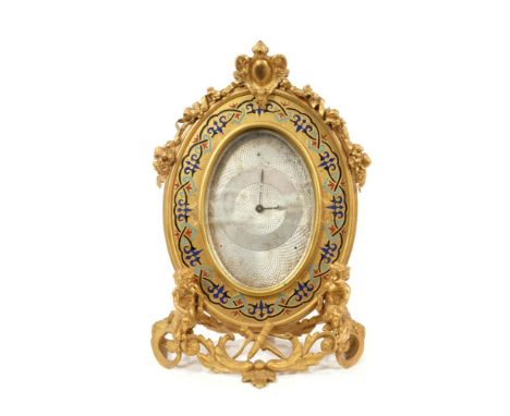 19th century strut mantel clock, with spring driven timepiece movement and platform escapement, oval silvered dial with engin