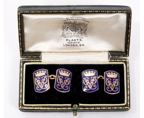 H.R.H. The Duke of Edinburgh - fine pair gold (9ct) and blue enamel presentation cufflinks given to Ernest Bennett, The Page 