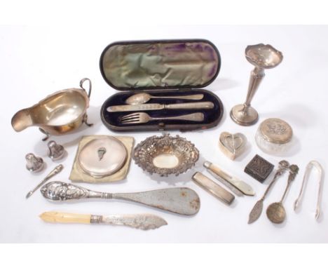 Selection of miscellaneous Victorian and later silver including a sauce boat, three piece christening set in case , Art Deco 