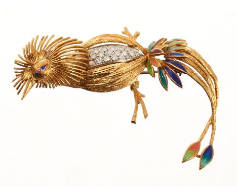 18ct gold diamond and enamel brooch in the form of an exotic bird with pavé set diamonds and polychrome enamel plumage. 60mmC