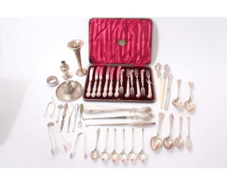 Selection of miscellaneous silver, including flatware, manicure tools, pair of ivory glove stretchers, Mexican silver sombrer