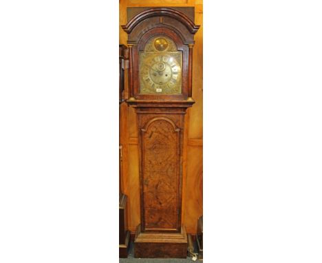 Early 18th century longcase clock, with eight day striking movement, brass 12inch breakarch dial, with face mask spandrels, b