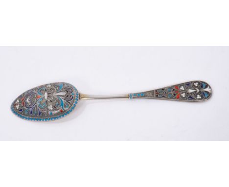 19th century Russian silver spoon wit foliate cloisonné enamel decoration and 84 Zolotnik mark (Moscow 1889 Assayer A.P)
