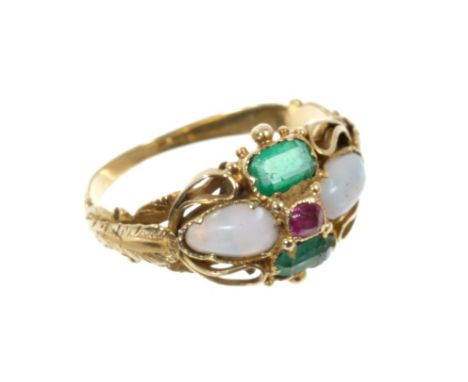 Regency/Early Victorian gold ruby, emerald and opal ring with textured gold foliate shoulders on reeded shank. Finger size H.