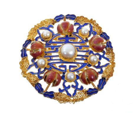 Chinese silver gilt and enamel pendant/brooch, the circular pierced disc with cultured pearls and enamel lotus flower decorat