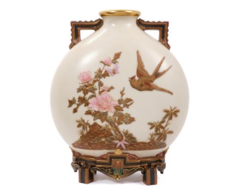 Victorian Royal Worcester porcelain Aesthetic movement ‘Japanese’ moonflask vase after Christopher Dresser, with raised gilt 