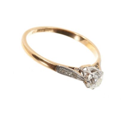 Diamond single stone ring with a cushion shape old cut diamond weighing approximately 0.50 carats in claw setting with diamon