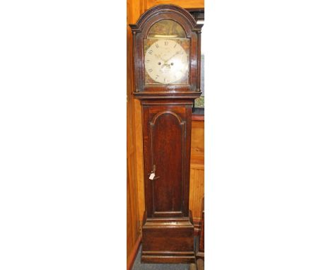 18th century longcase clock, with 8 day striking movement, 12 inch painted break arch dial, with painted spandrels depicting 