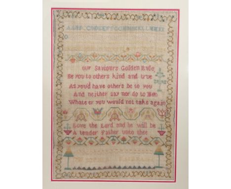 George III needlework sampler, by Sophia Fairbank 1781, with alphabet and number bands, religious verses and foliate meander 