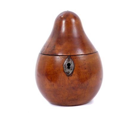 18th century fruitwood tea caddy, in the form of a pear, with steel escutcheon plate, 16cm high