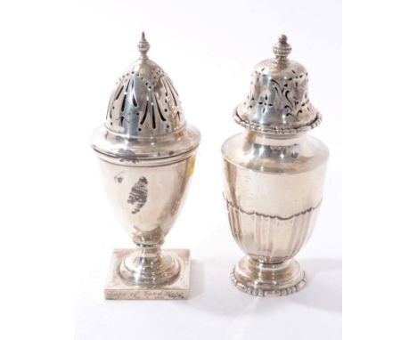 Edwardian silver sugar caster of baluster form, with fluted decoration and pierced bell shaped slip in cover (London 1906) Ma
