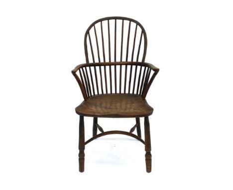 19th century yew and elm stick back chair, with solid saddle seat on turned legs with crinoline stretcher