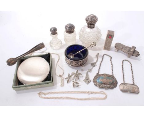 Selection of miscellaneous silver and white metal including George III decanter label, three cut glass silver mounted toilet 