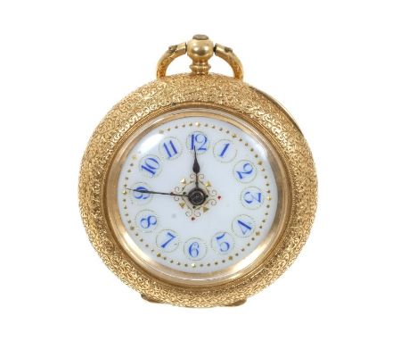 Late 19th Century Swiss 18ct gold fob watch with engraved decoration and jewelled enamel dial, 33mm diameter.