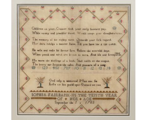 George III sampler, by Sophia Fairbank ‘in the tenth year of her age, September the 1, 1783, with religious verse in meander 