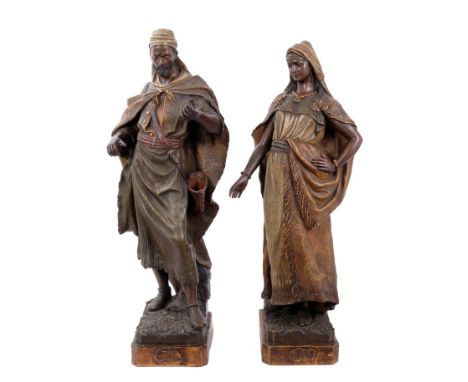 Good pair of late 19th / early 20th century Goldscheider terracotta figures of Arabs, inscribed, signed and numbered to rear 