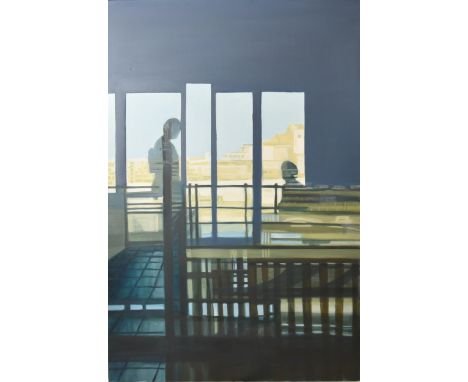 Acrylic on canvas, contemporary interior study, signed Hannah Davies to the reverse and titled Diced Light. H.92 W.60cm 